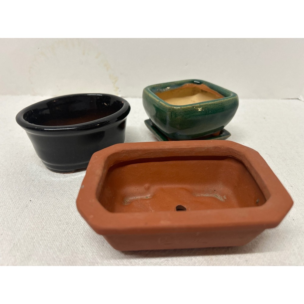 Small Bonsai Mame Pot Set 3pc Glazed Green Black Terracotta Rectangular Square